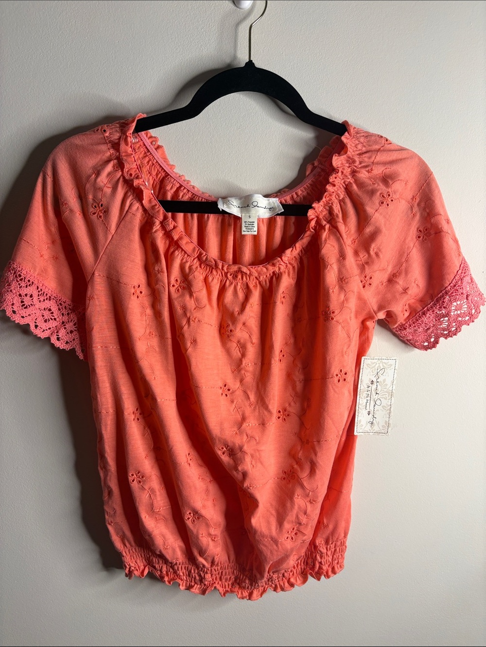 French Laundry Coral Eyelet Peasant Top with Lace Trim